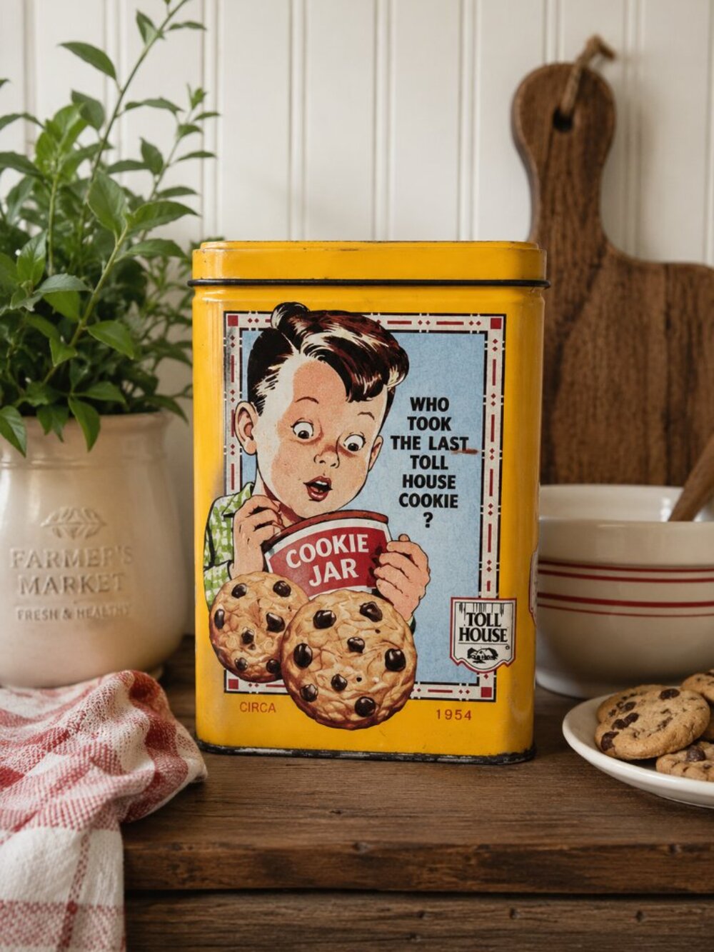Vintage Nestlé Toll House Cookie Tin 1939 1942 1954 Yellow Metal Canister